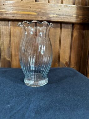 Vintage Clear Ribbed Glass Fluted Vase with Ruffled Rim